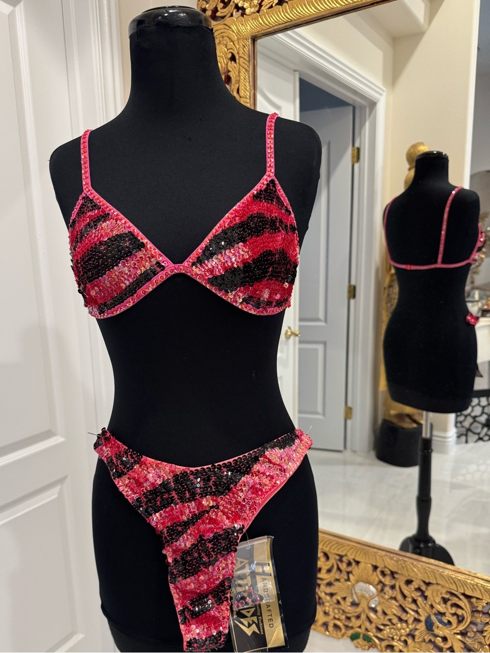 Hand beaded Pink‎ and Black Sequin Bikini